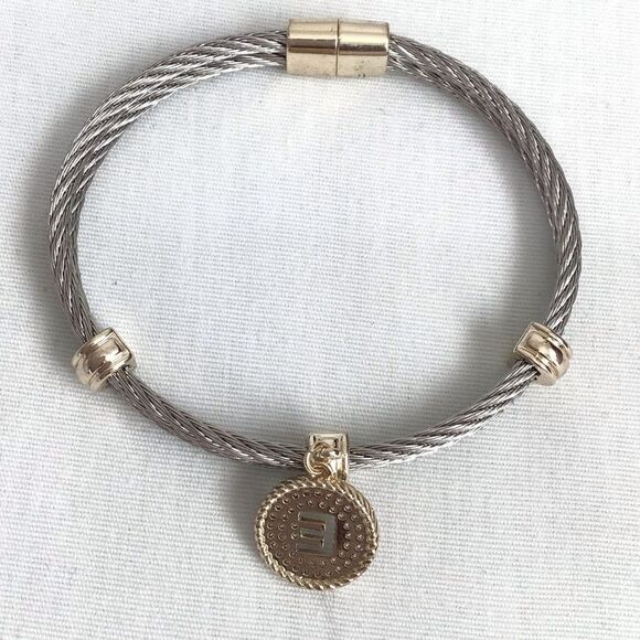 Silver Cable Initial E Bracelet Two Tone Magnetic Closure - Picture 3 of 5